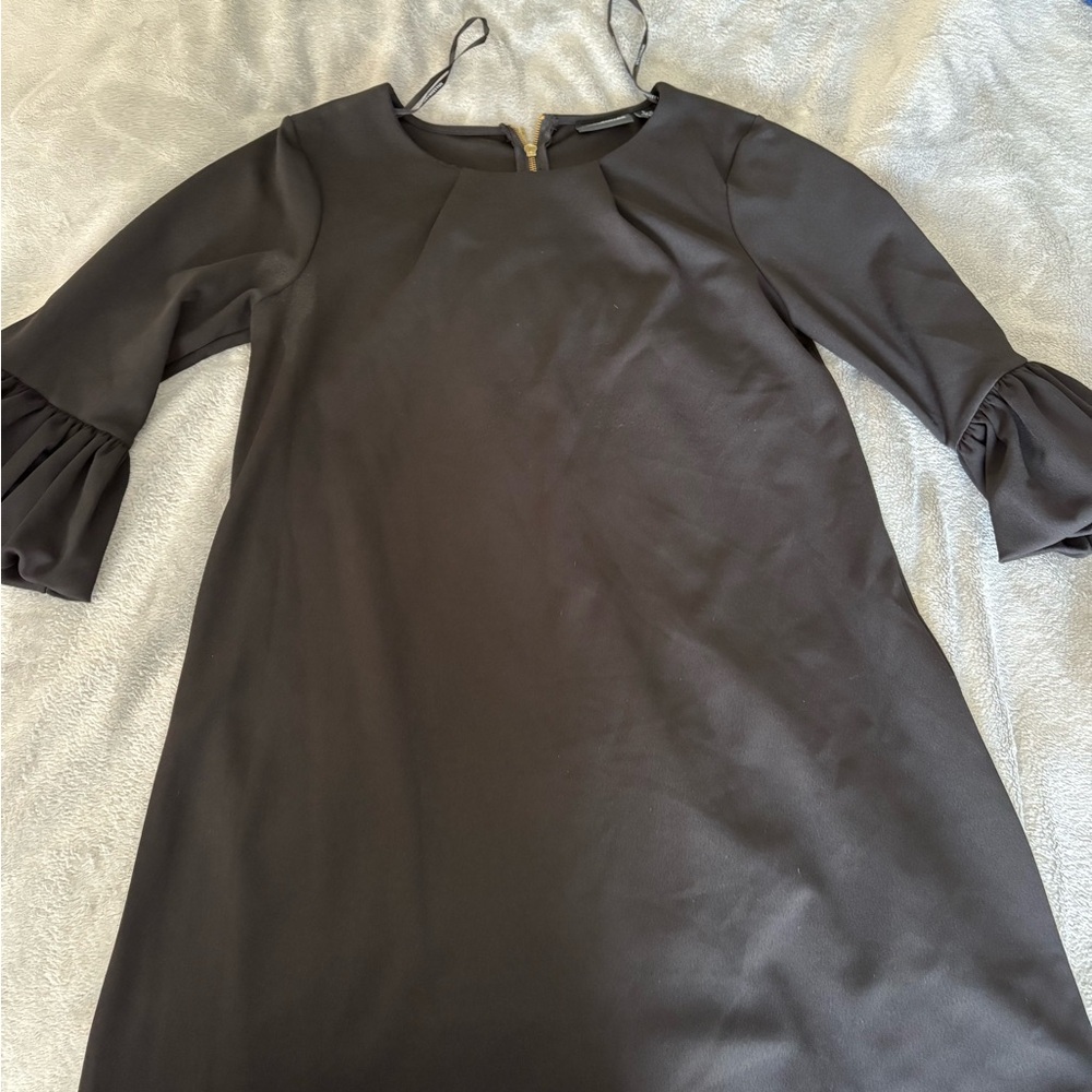 Nina Leonard Black Long Sleeve Dress with Ruffle Detail